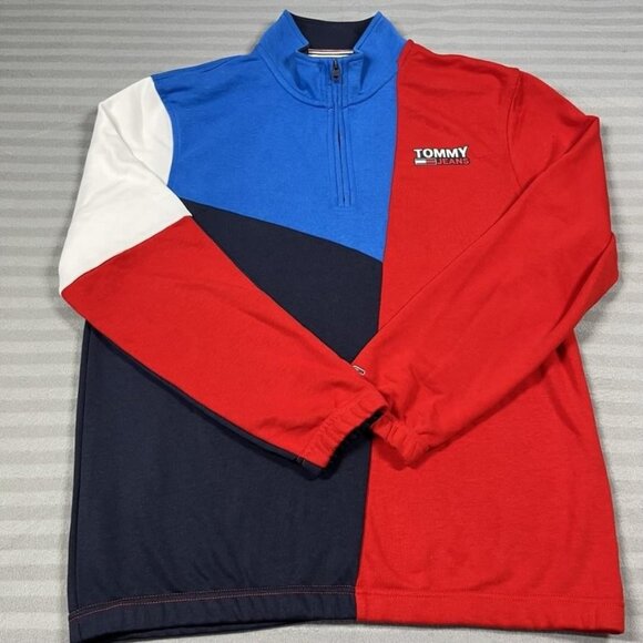 Tommy Hilfiger Sweatshirt Mens Medium Red Blue Colorblock Pullover 1/4 Zip - Picture 1 of 12